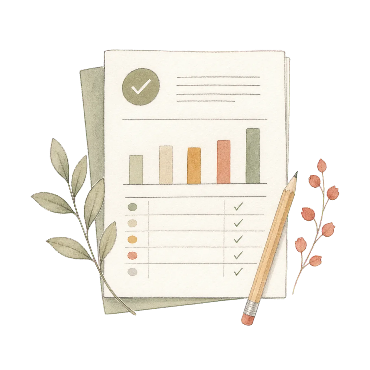 Hand-drawn attendance report, check mark, and pencil