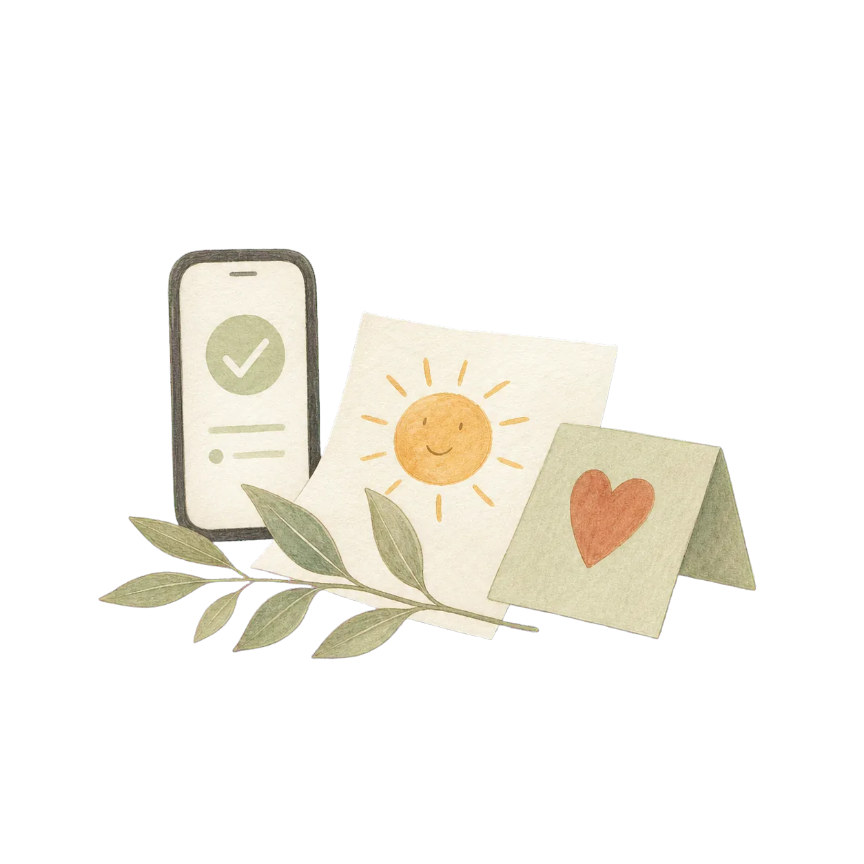 Hand-drawn phone, attendance check, child drawing, and note