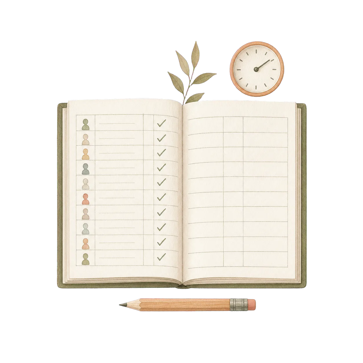 Hand-drawn class register, clock, and pencil