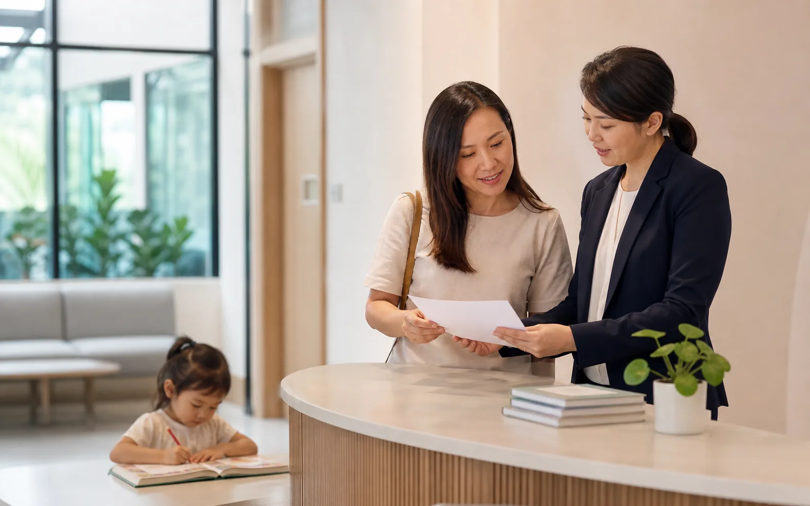 A school administrator and parent review a consent form while a child draws nearby.
