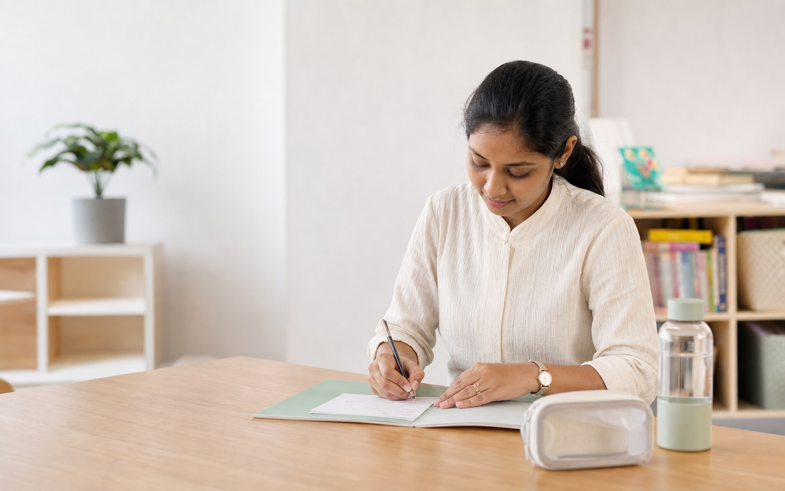 An educator carefully writes a note in a child's folder.