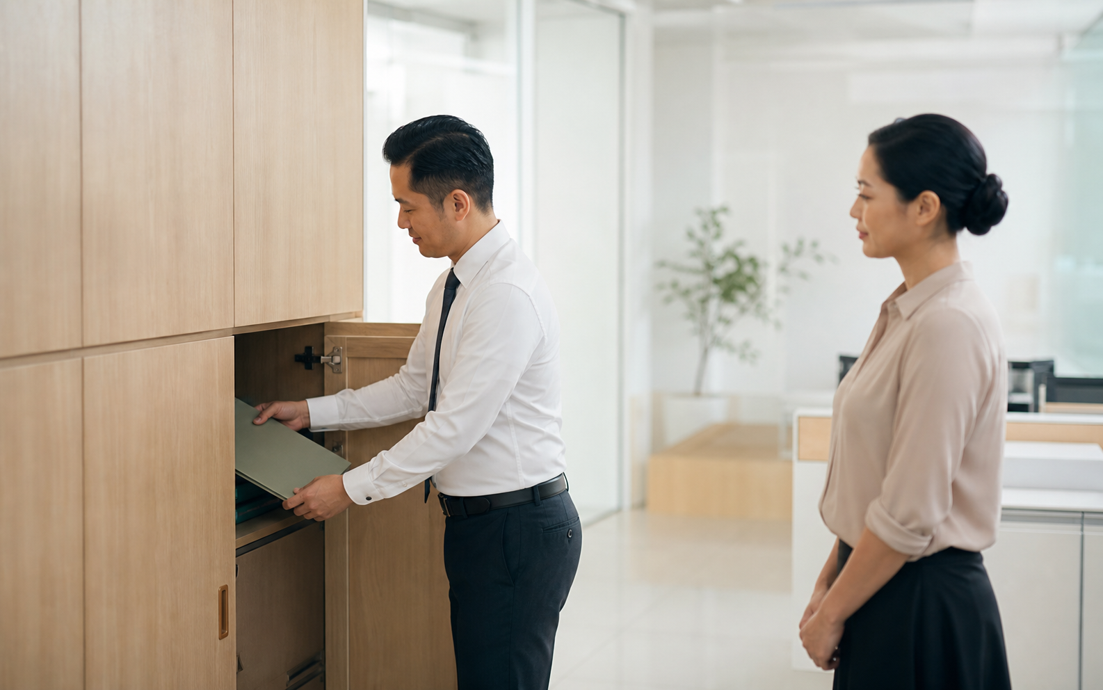 School staff carefully place a child's folder in secure storage.