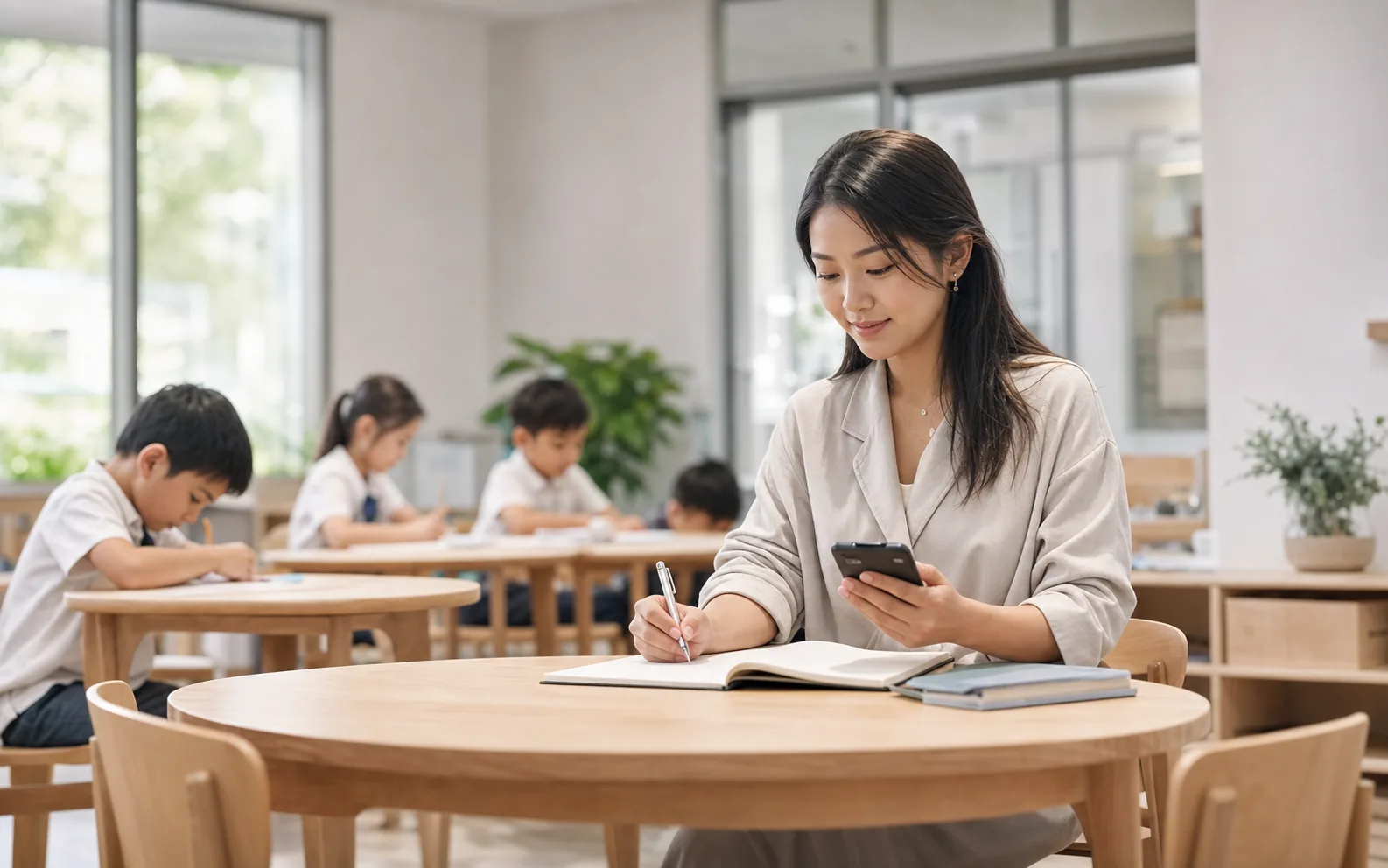 An educator makes a supportive note while checking a quiet notification.