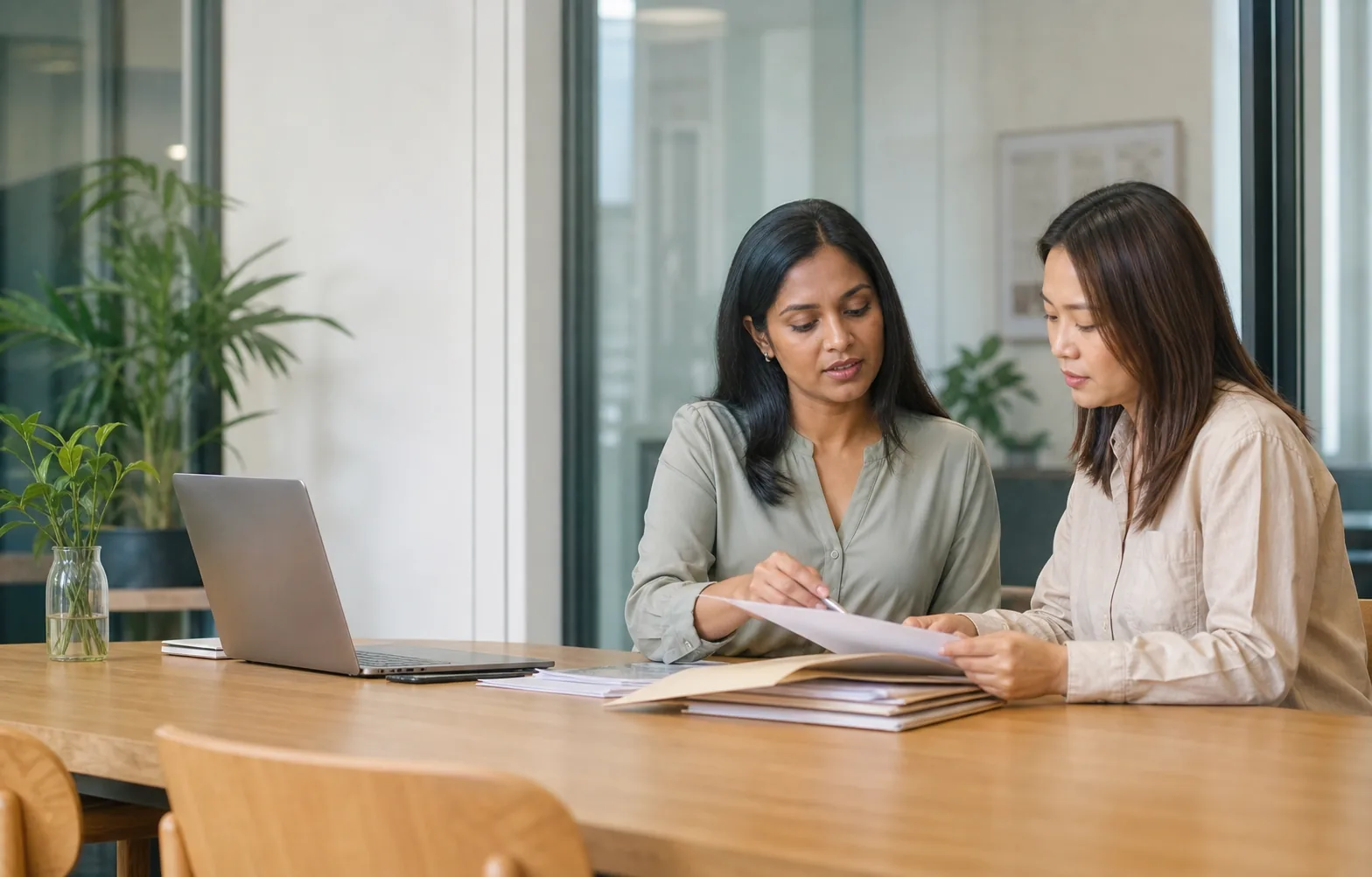 Two colleagues calmly reconcile school finance records together.