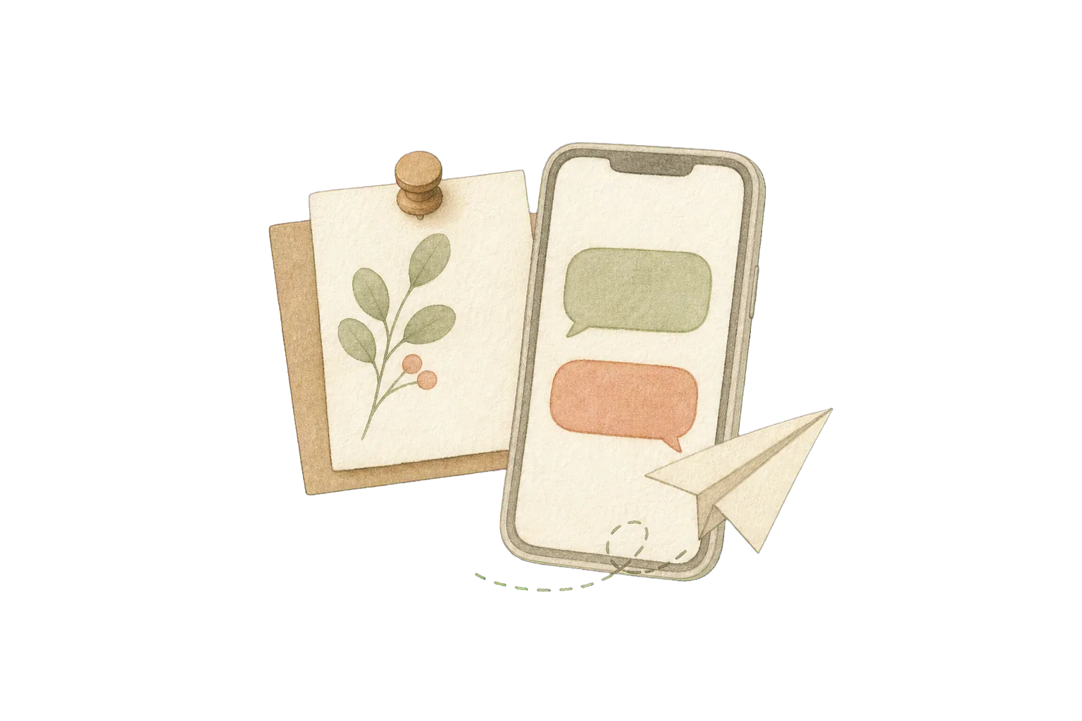 Hand-drawn phone, pinboard note, and paper airplane