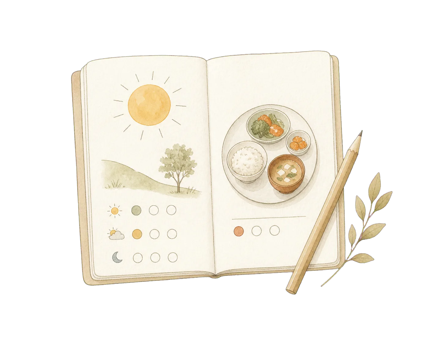 Hand-drawn daily journal, pencil, and leafy sprig