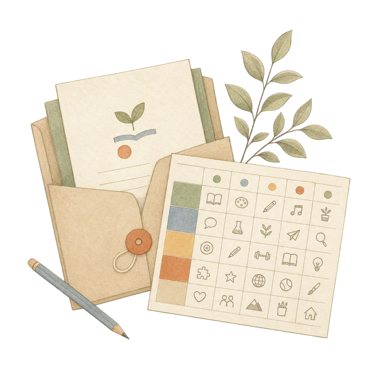 Hand-drawn enrolment cards and class notebook