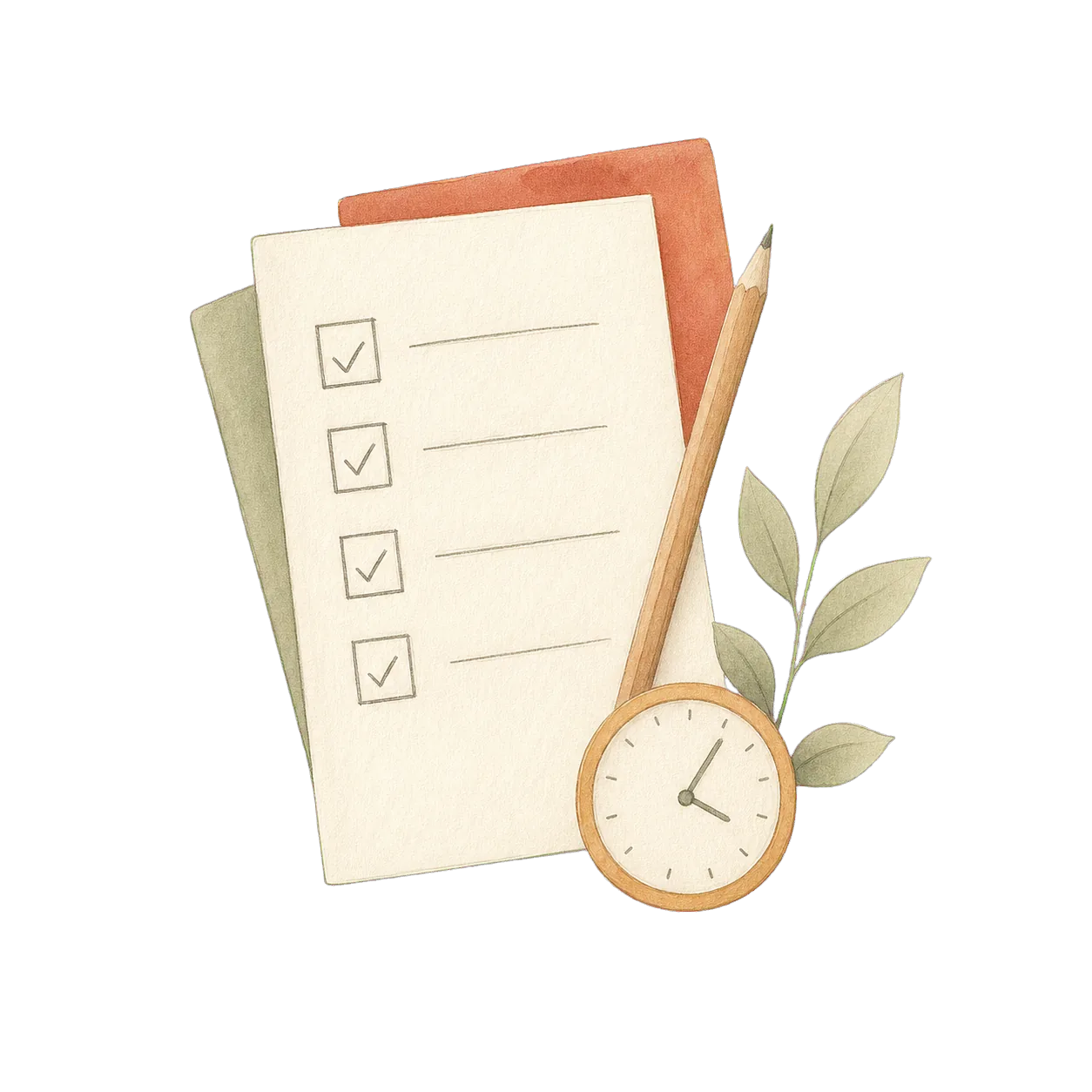 Hand-drawn checklist, pencil, clock, and leaf