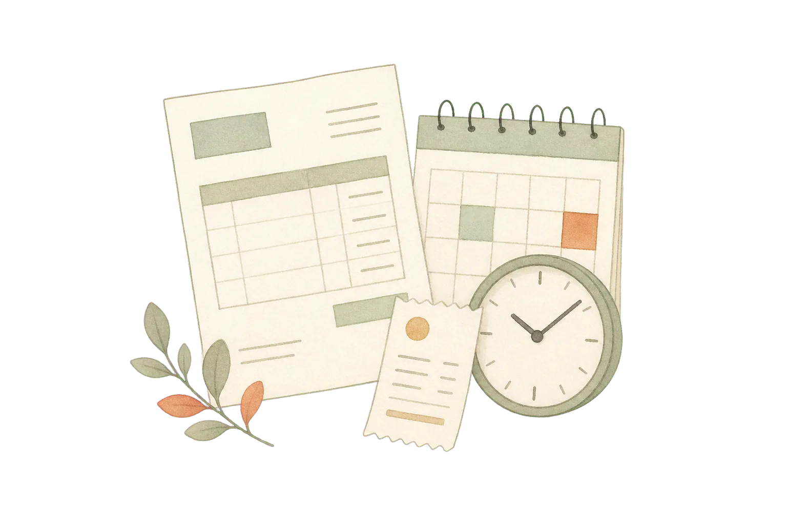 Hand-drawn invoice, calendar, receipt, and clock