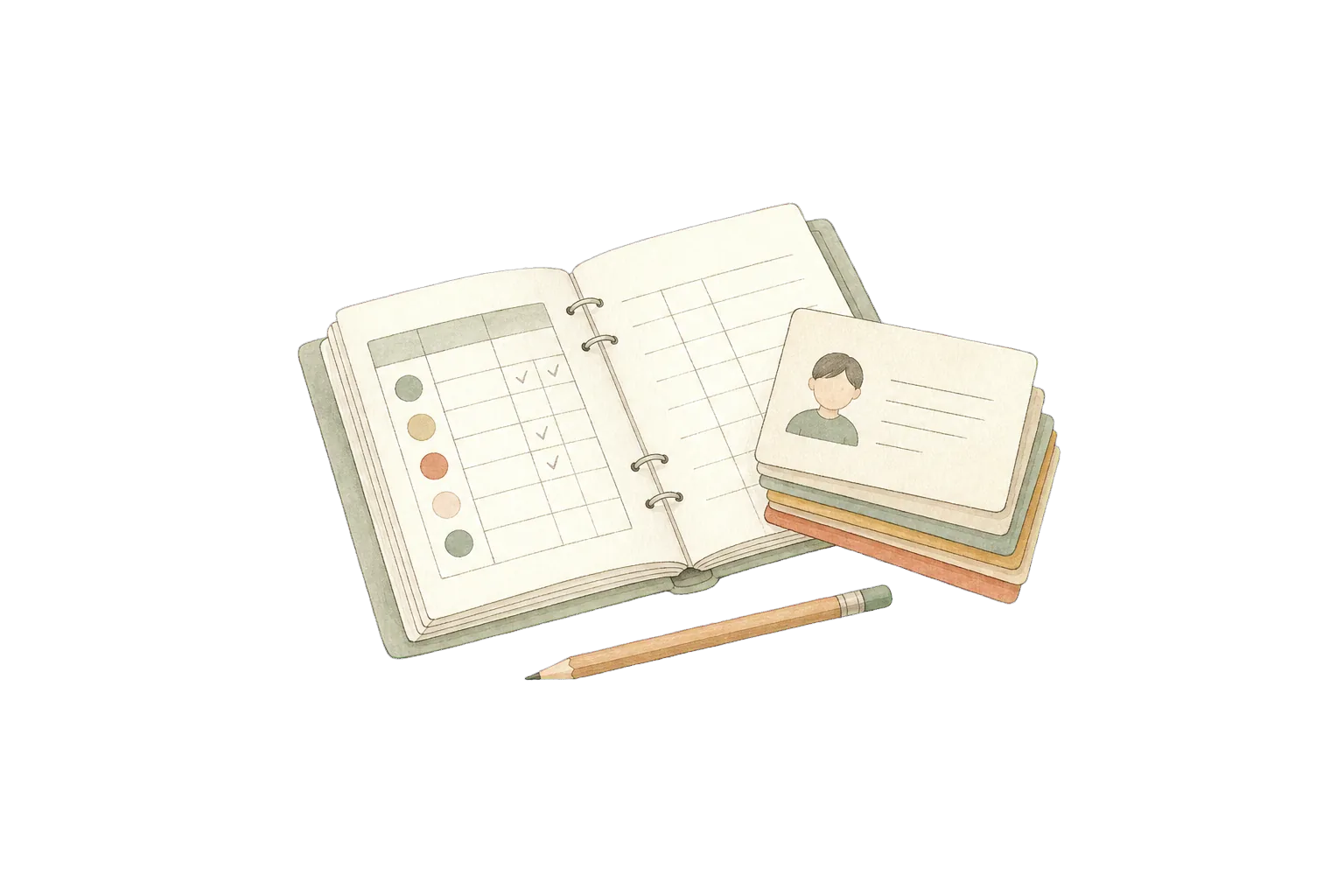 Hand-drawn class register, student cards, and pencil