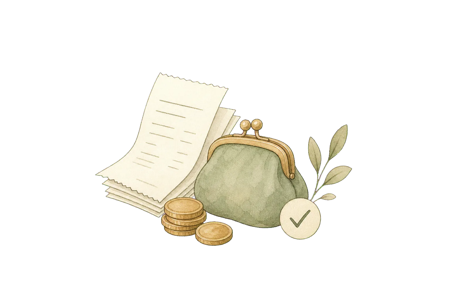 Hand-drawn receipts, coin purse, and check mark