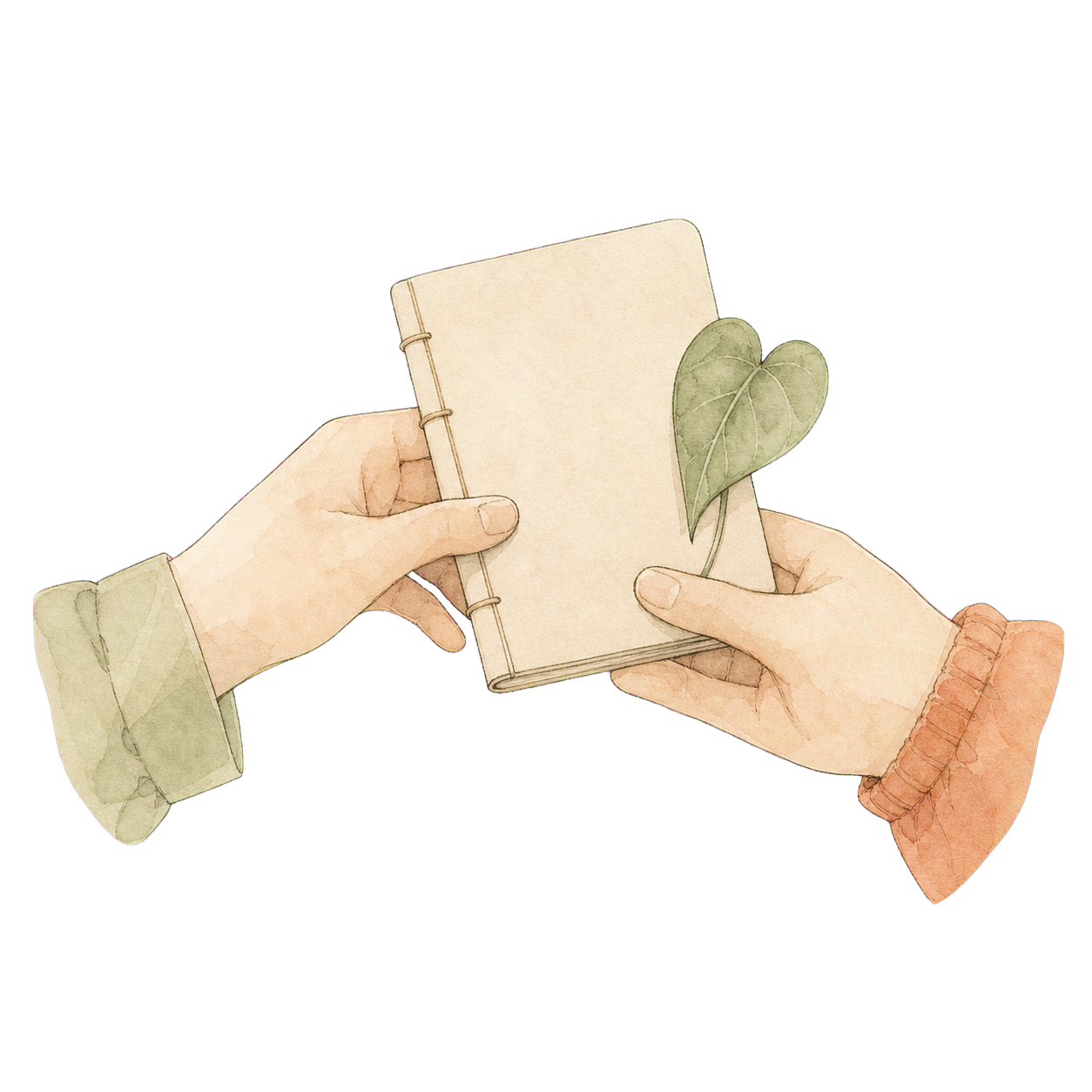 Hand-drawn hands sharing a notebook and leaf