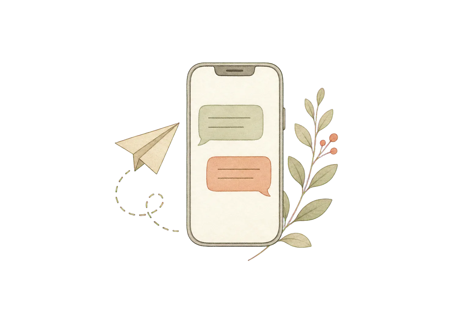 Hand-drawn phone, message bubbles, and paper airplane