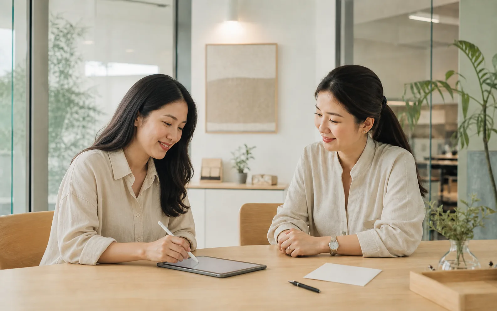 A parent and educator reviewing a welcome pack together