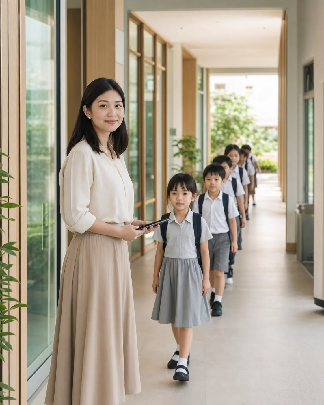 Teacher welcoming a line of students while taking attendance in a bright school corridor