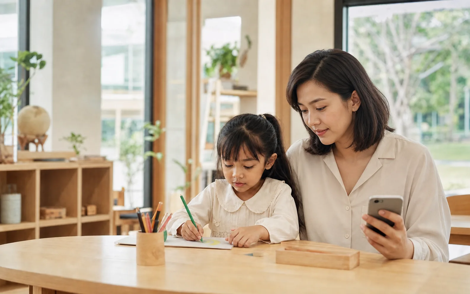 Malaysian Chinese parent checking a school update while her child draws at a school family table