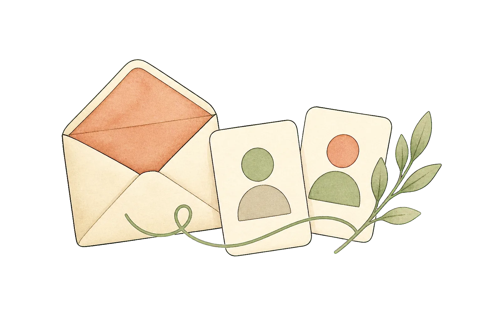 Hand-drawn envelope and connected profile cards