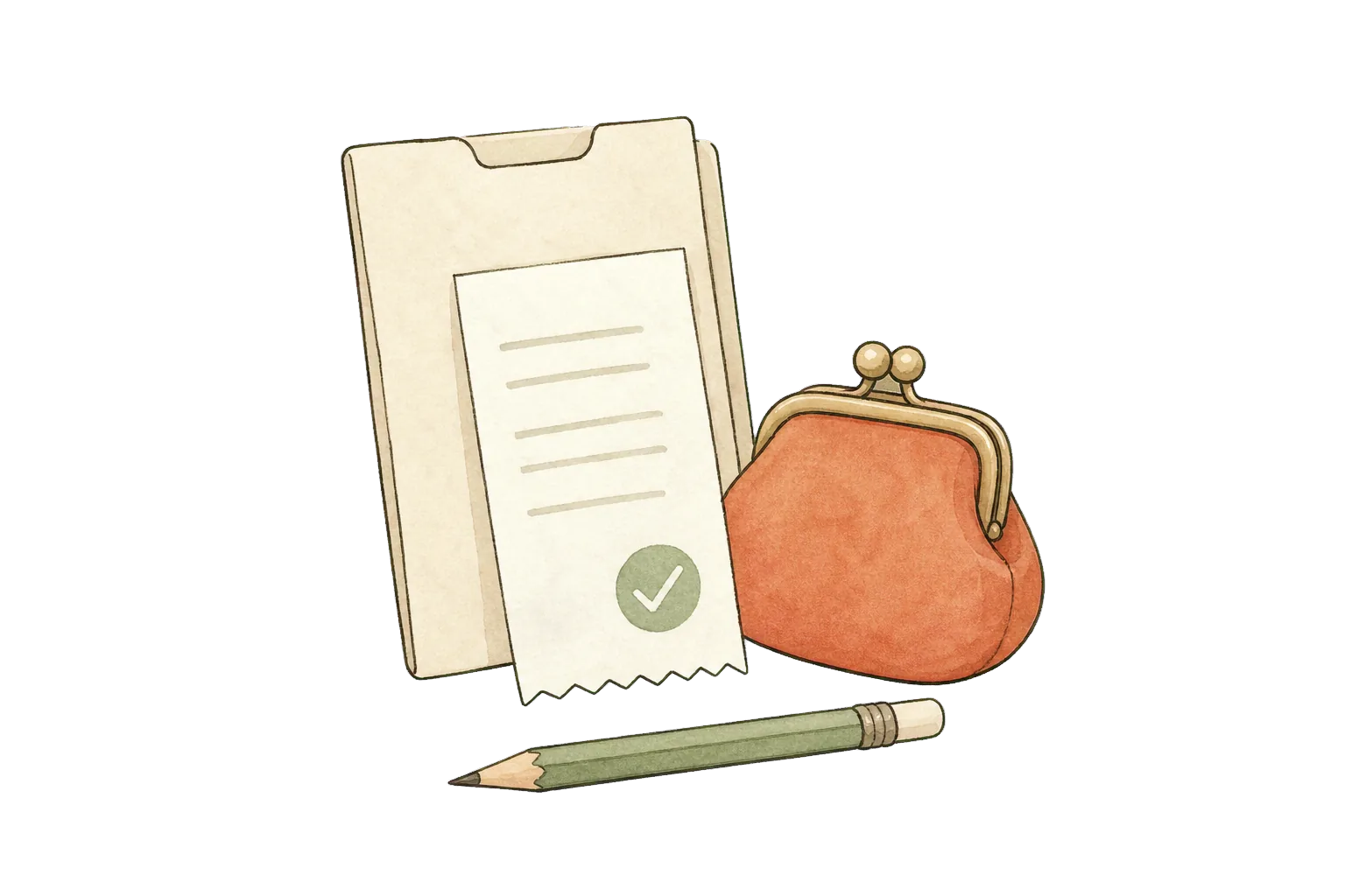 Hand-drawn invoice, receipt and coin purse