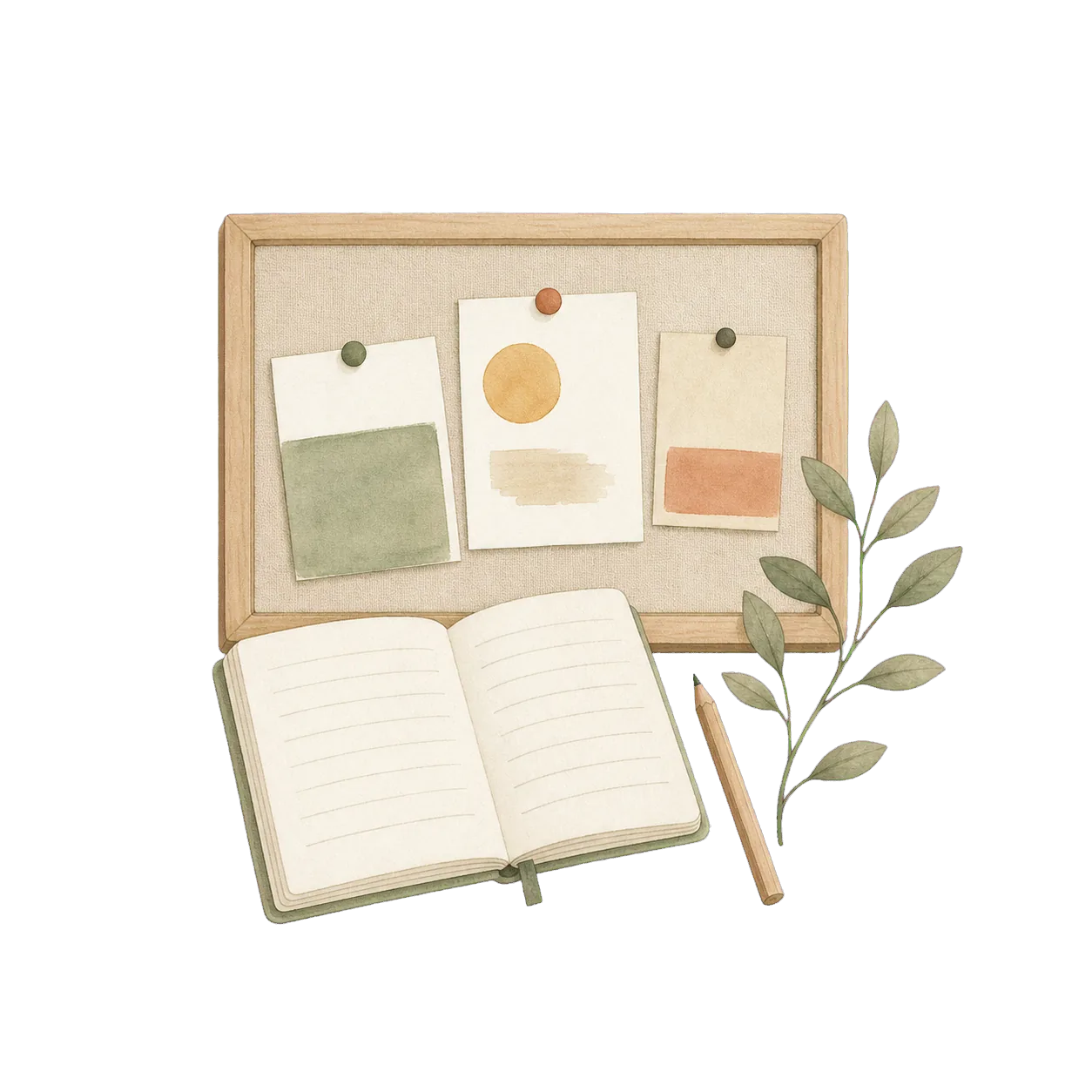 Hand-drawn message board, notebook, and pencil