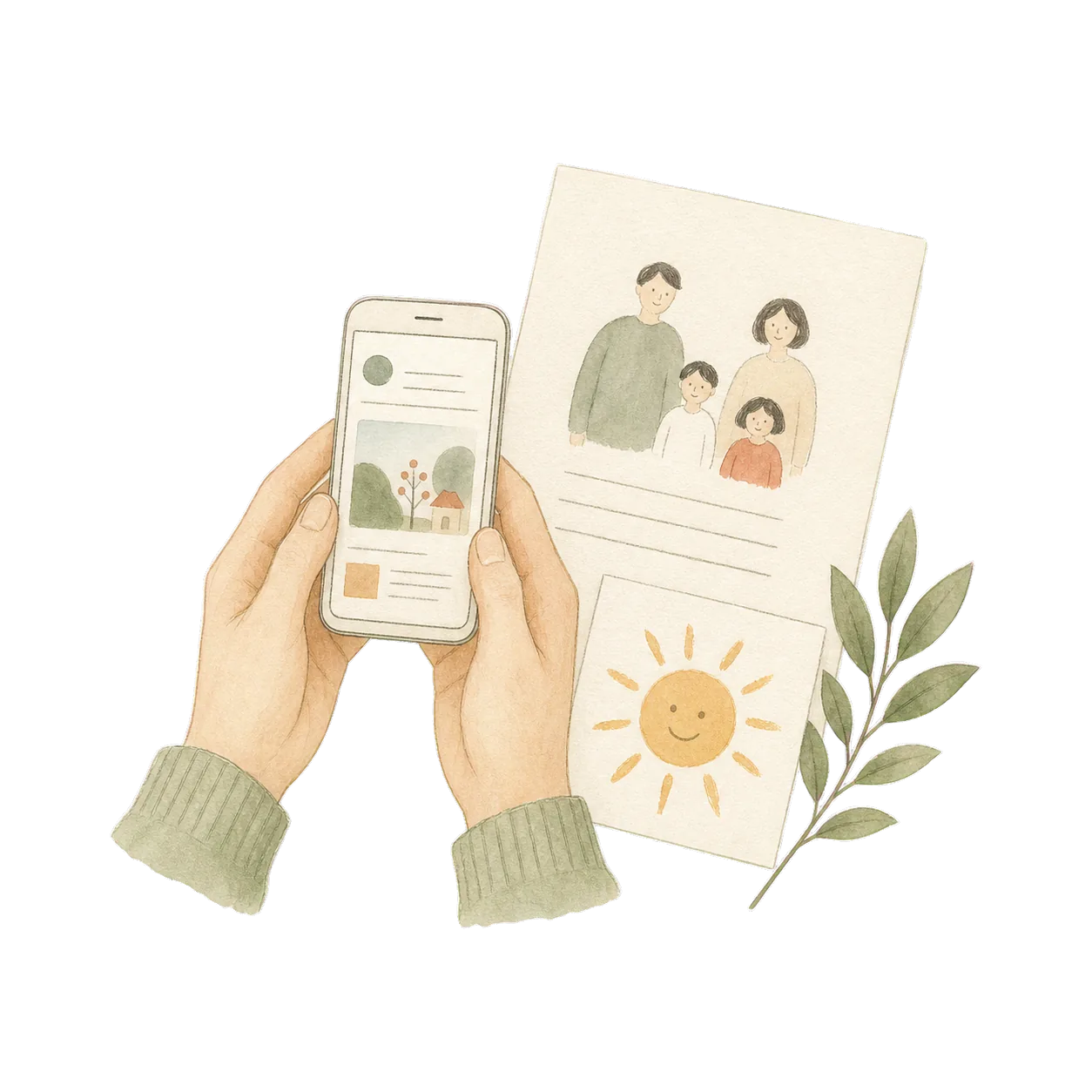 Hand-drawn hands holding a phone with family note and child drawing