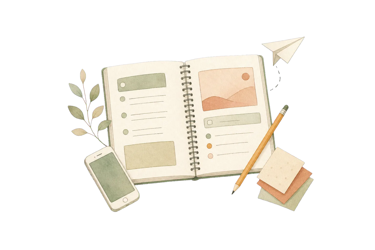 Hand-drawn teacher notebook, phone, and paper airplane