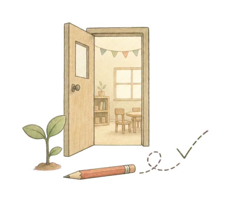 Hand-drawn open classroom door and growing plant