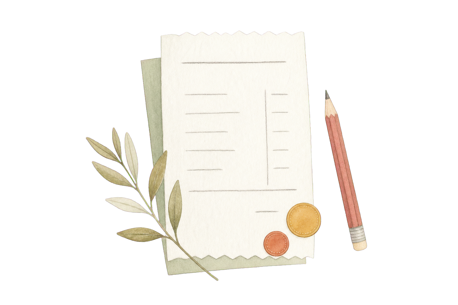 Hand-drawn receipt, coins and pencil