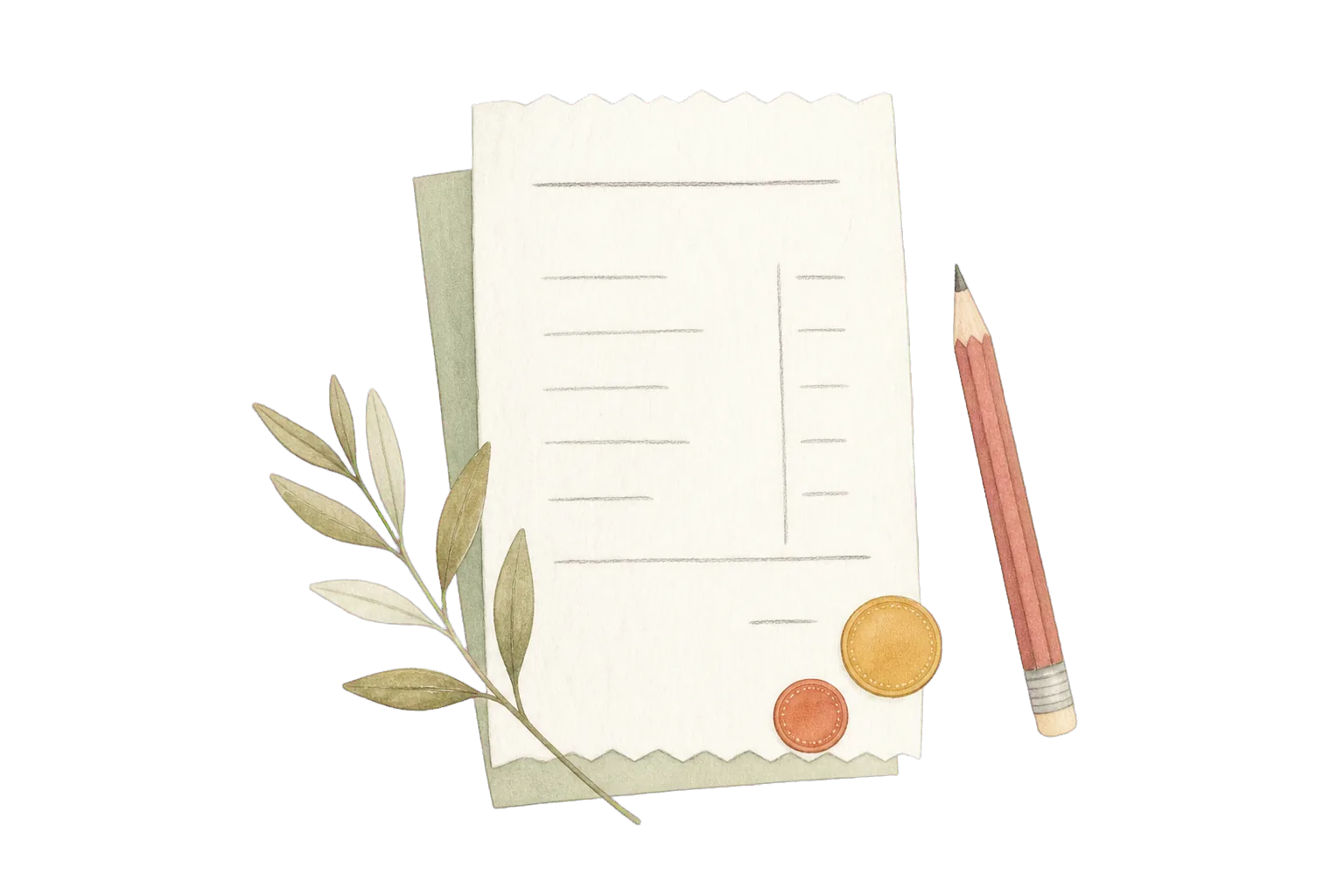 Hand-drawn receipt, coins and pencil