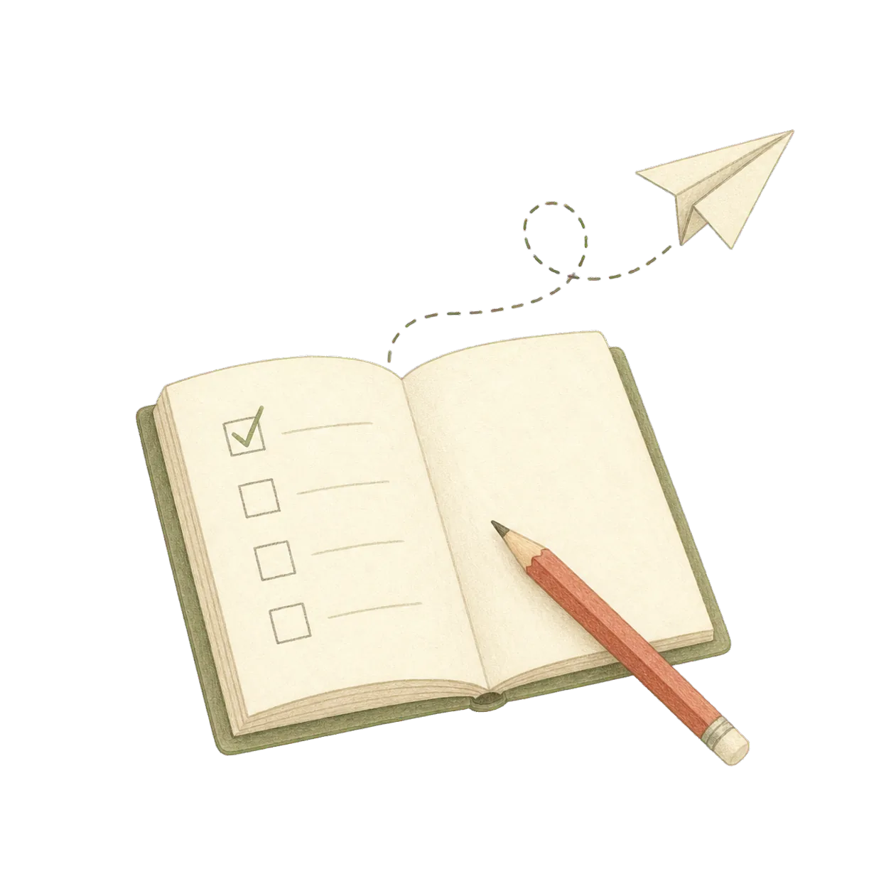 Hand-drawn checklist notebook and paper plane