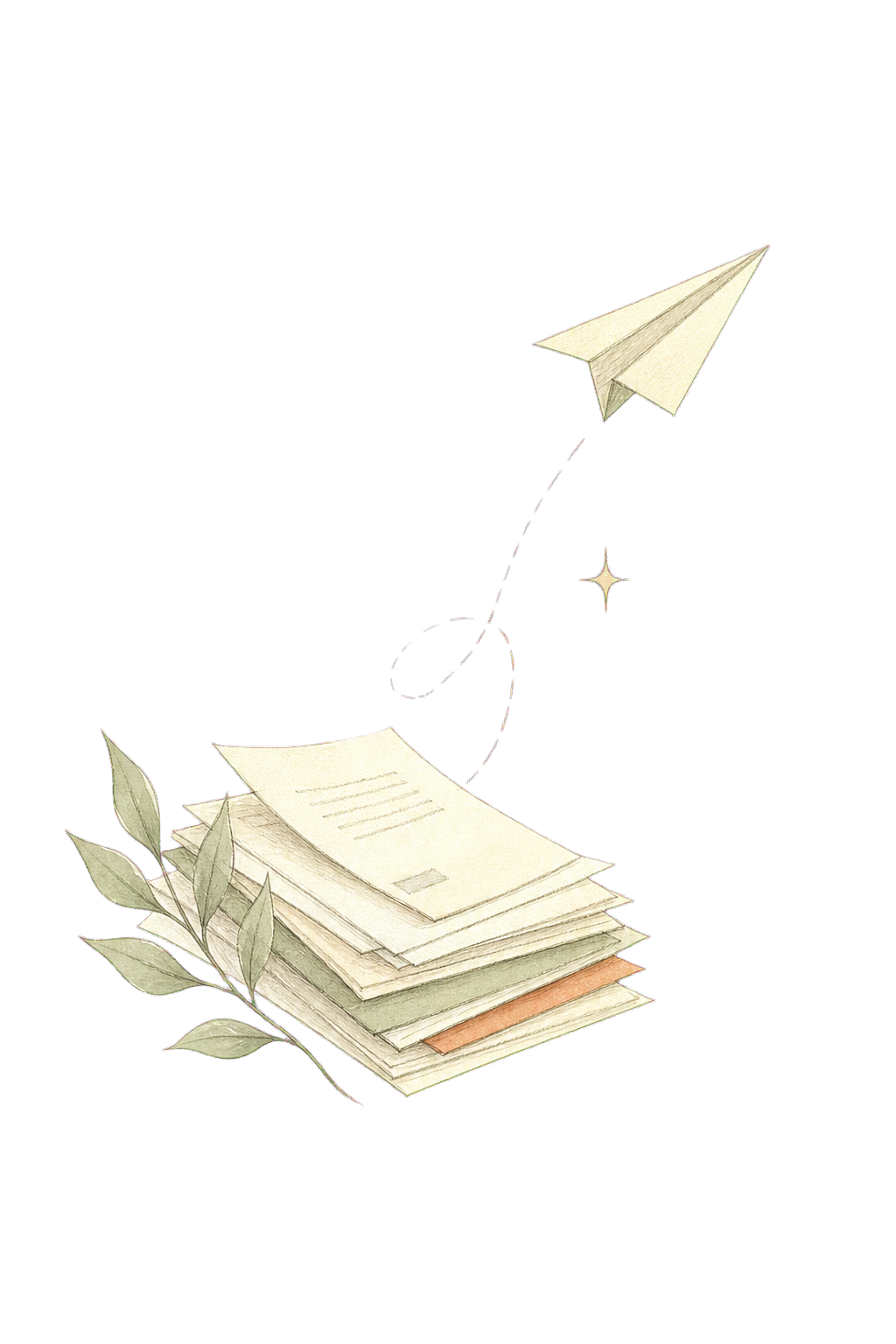 Hand-drawn paper plane rising from a stack of papers