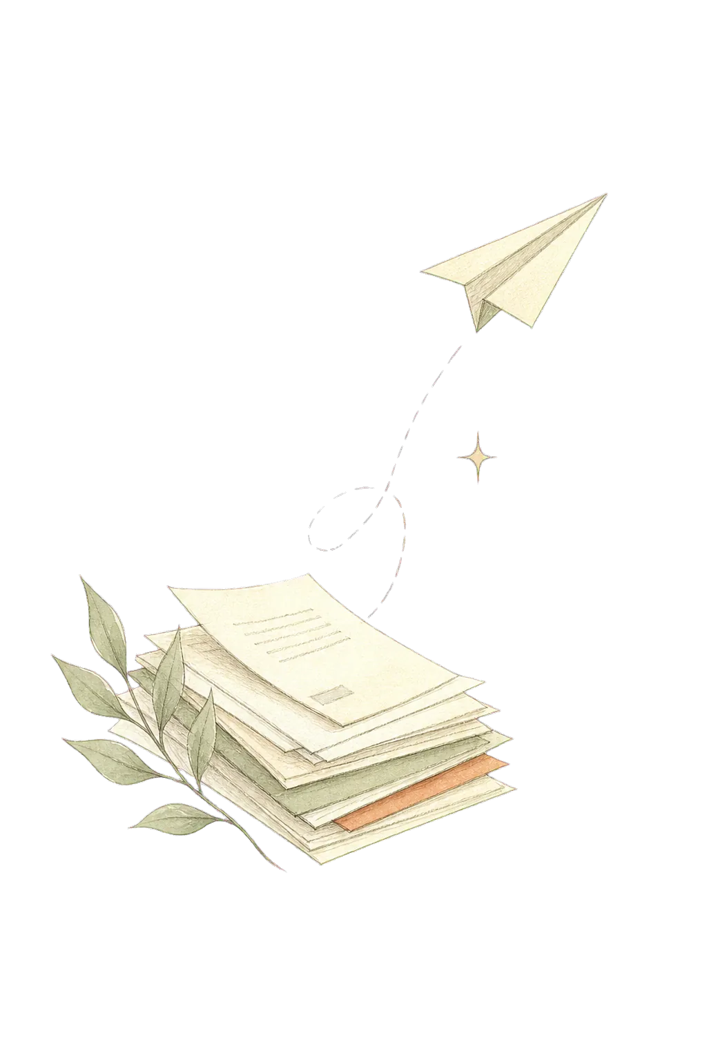 Hand-drawn paper plane rising from a stack of papers