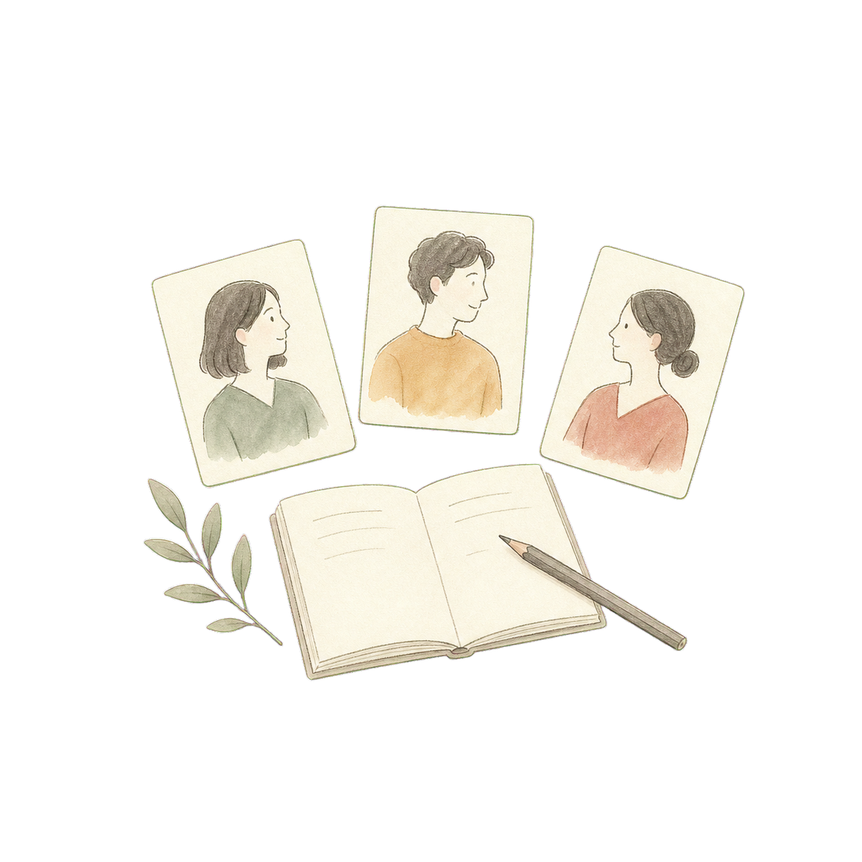 Hand-drawn role cards and an open notebook