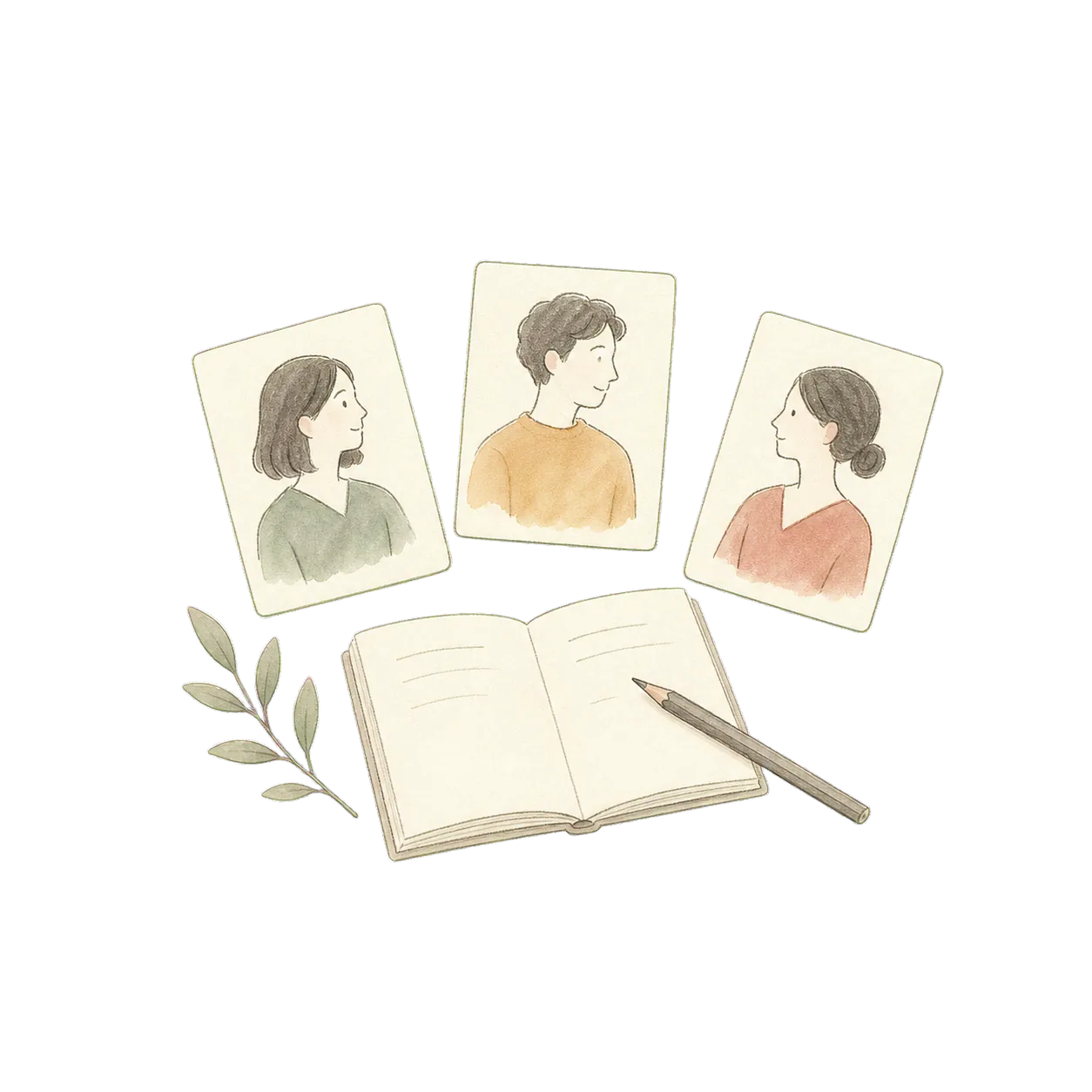 Hand-drawn role cards and an open notebook