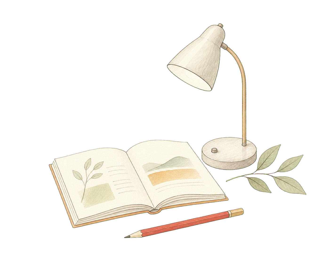Hand-drawn guidebook, desk lamp and pencil
