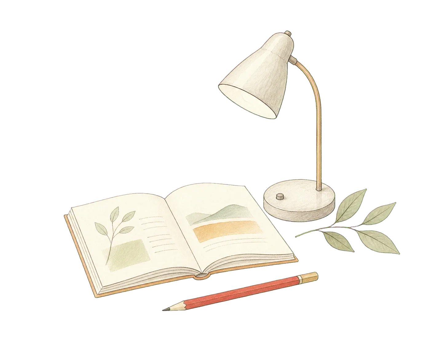 Hand-drawn guidebook, desk lamp and pencil