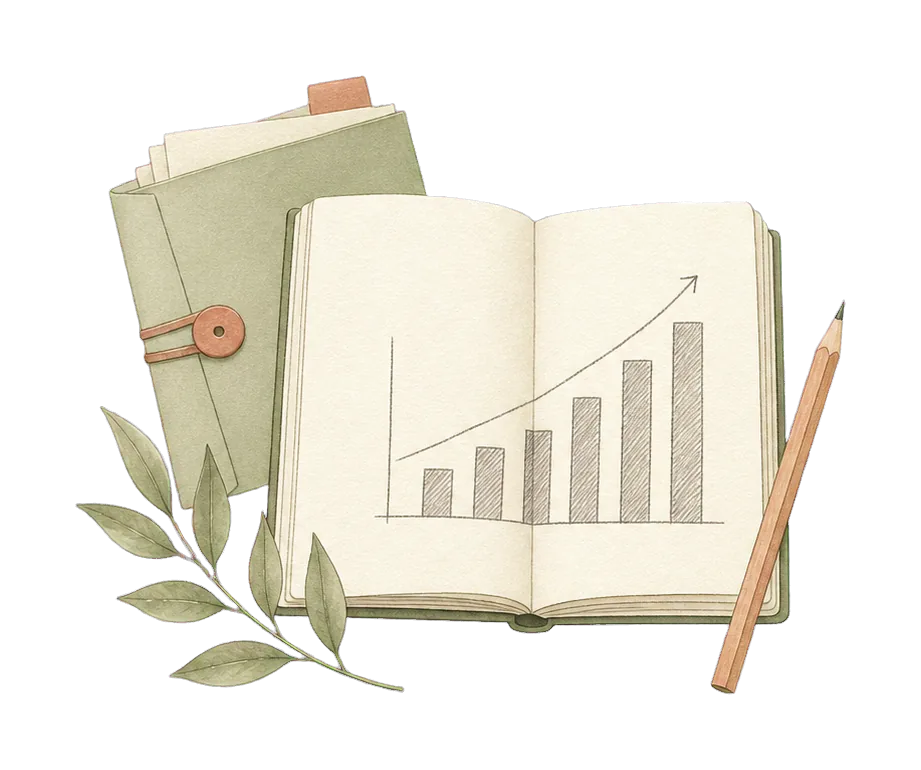 Hand-drawn management notebook, pencil, and leaf