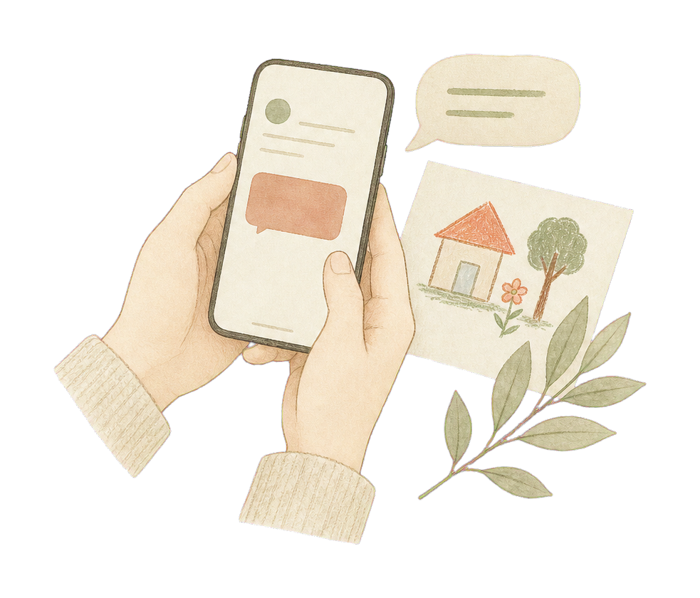 Hand-drawn parent message, phone, and child's drawing