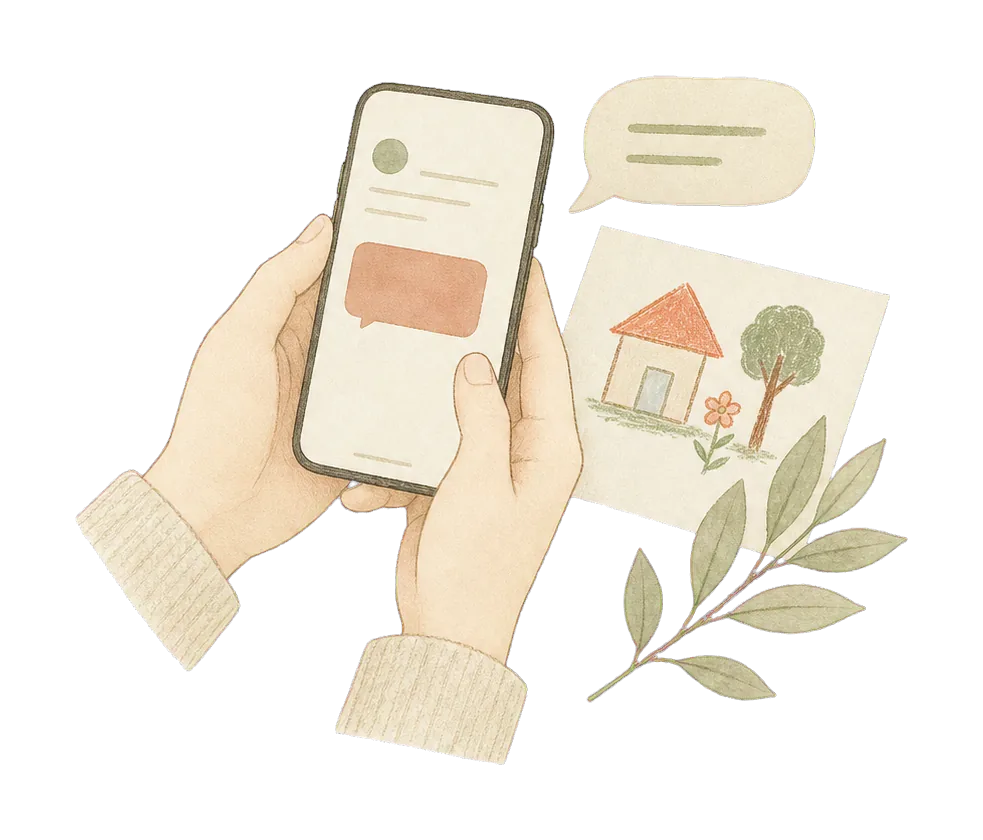 Hand-drawn parent message, phone, and child's drawing