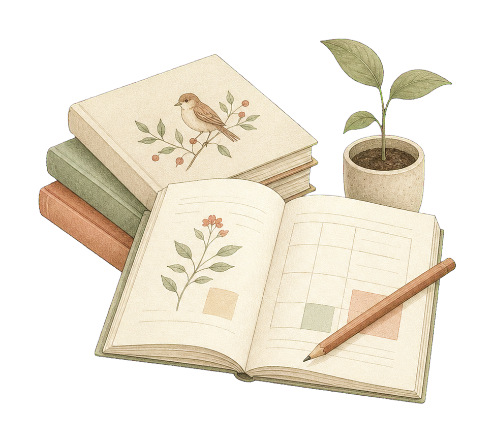 Hand-drawn lesson notebook, books, pencil, and growing plant