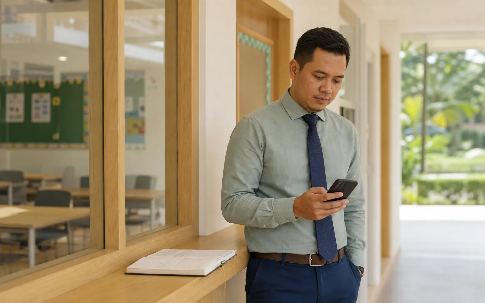 A school leader thoughtfully reviewing an approval on a phone