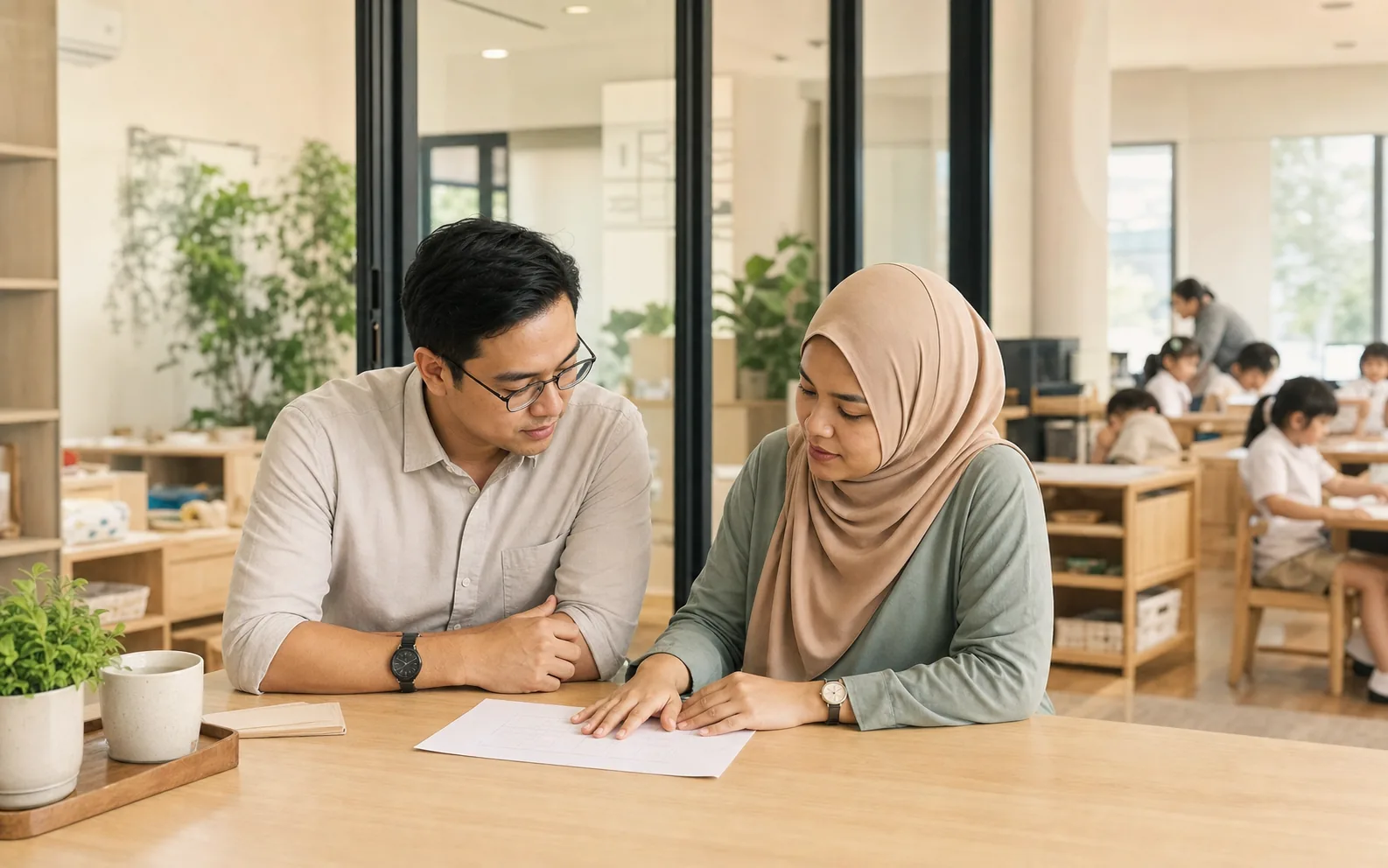 Two educators coordinating staffing in a bright Malaysian classroom