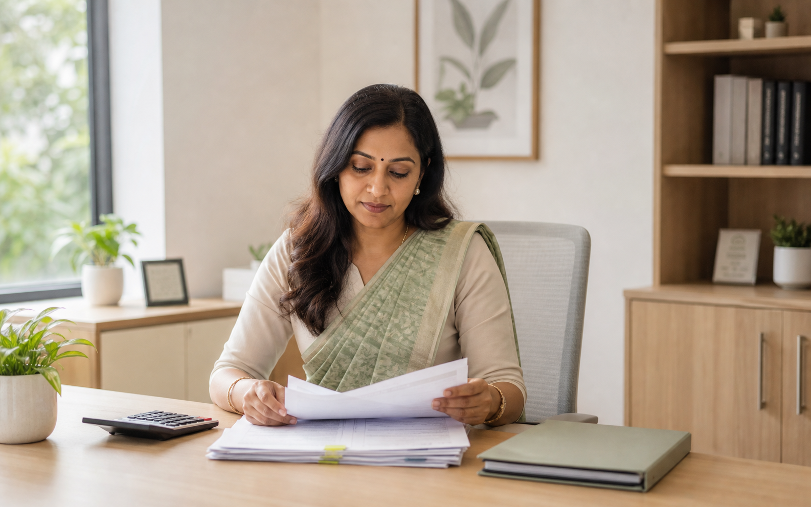 A school administrator calmly reconciling payroll documents