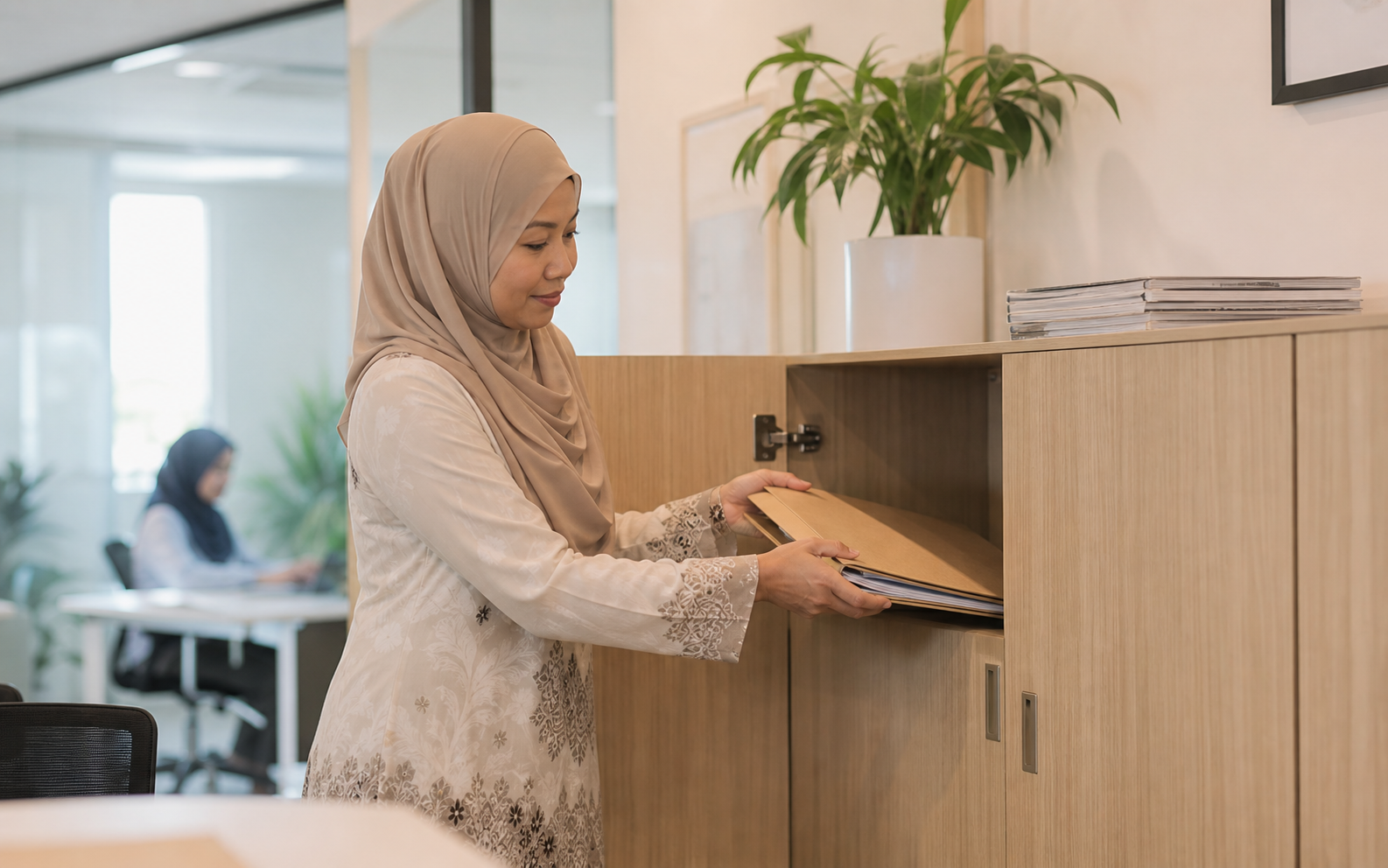 An administrator carefully returning staff records to an oak cabinet