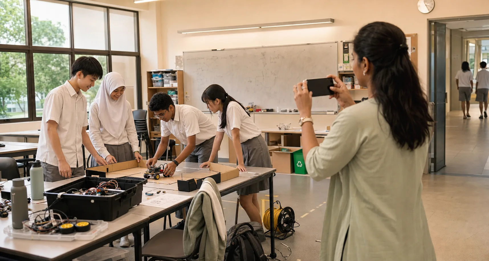 Teacher supporting students in an after-school learning activity