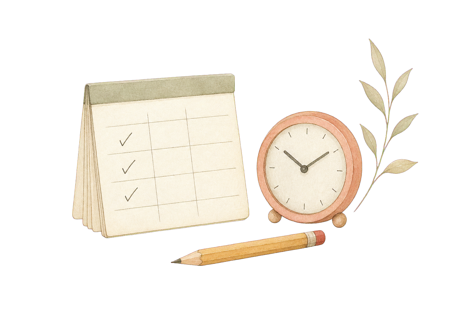 Hand-drawn attendance sheet, clock and pencil