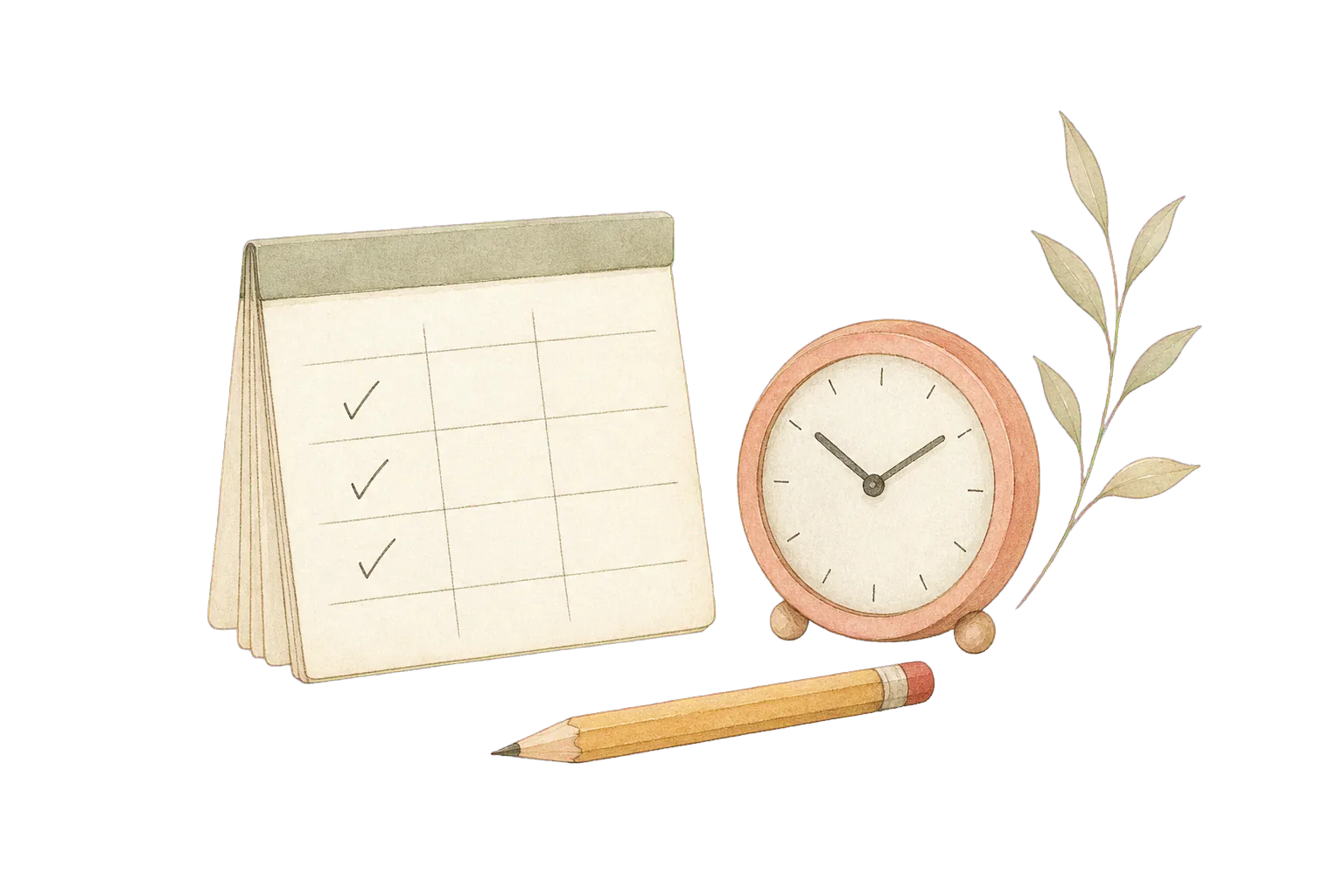 Hand-drawn attendance sheet, clock and pencil