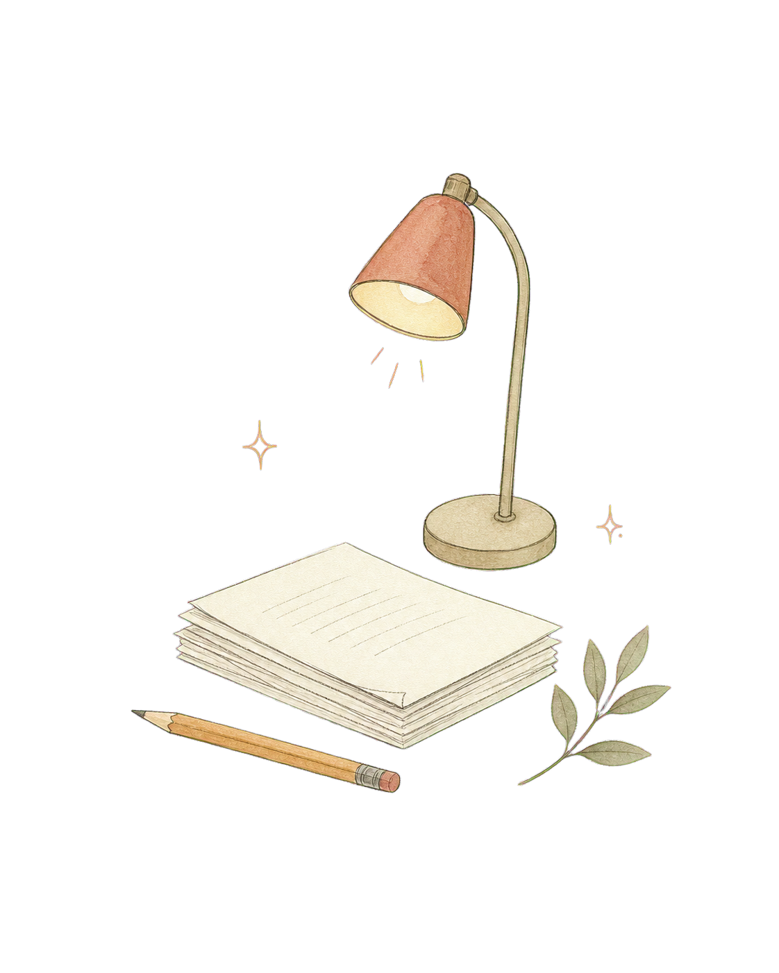 Hand-drawn desk lamp, papers and small sparkles