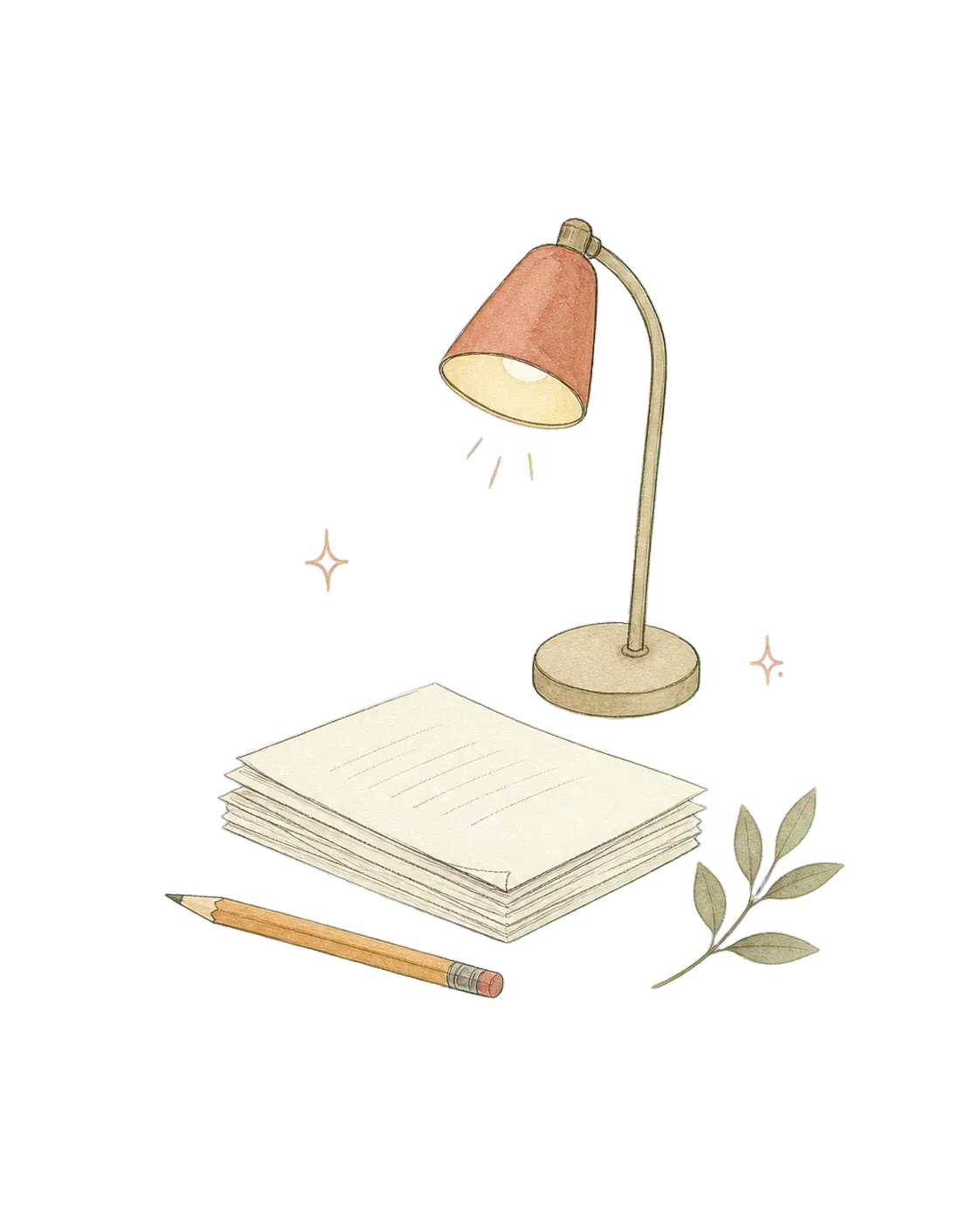 Hand-drawn desk lamp, papers and small sparkles