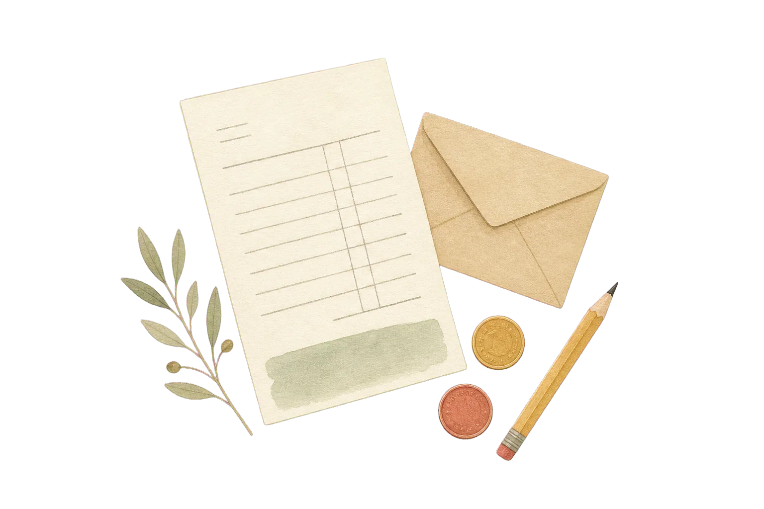Hand-drawn receipt, envelope, coins and pencil