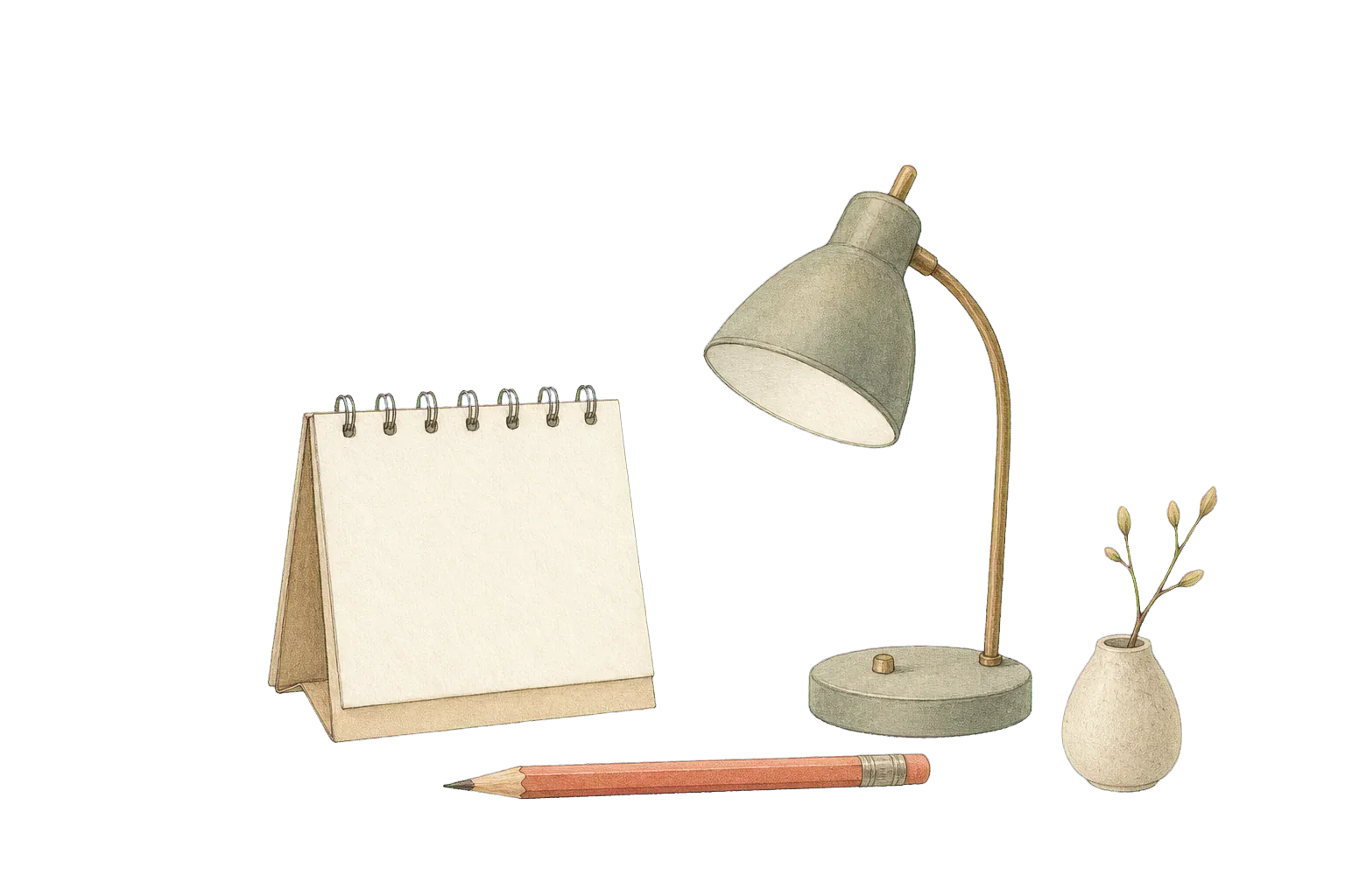 Hand-drawn calendar, desk lamp and budding branch